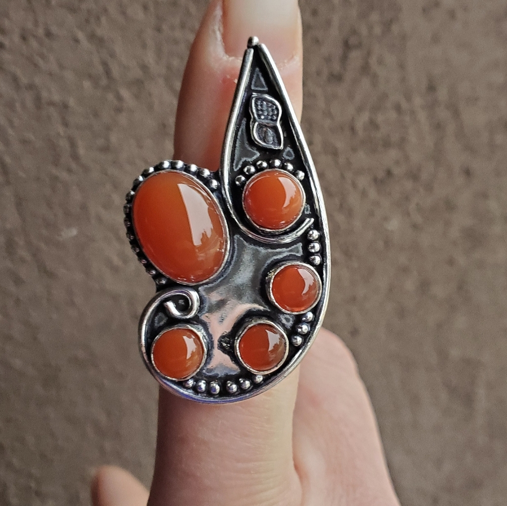 New Unique Oversized Carnelian 925 Silver Ring.